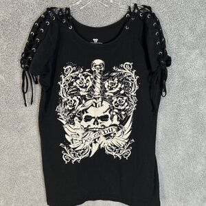 Vance Biker Wear Women’s 2XL Black Tee Skull Bling Lace Up Shoulders